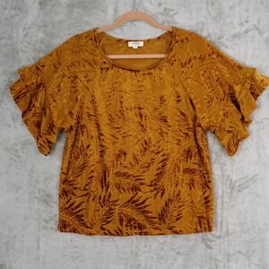 Umgee Burnout Velvet Leaf Top Womens Small Golden Yellow Ruffle Sleeve Boho